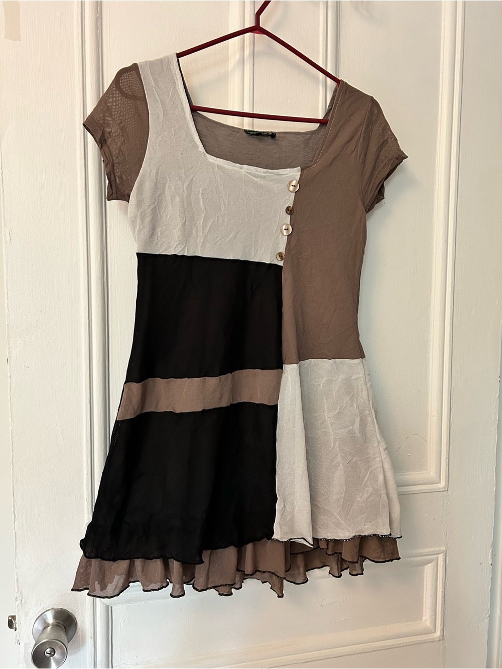 Colorblock Short Sleeve Mesh Mini Dress in Black, Taupe & White